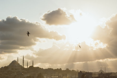 Istanbul background photo with sunrays through the clouds and Suleymaniye Mosque. Ramadan or islamic concept photo.の写真素材