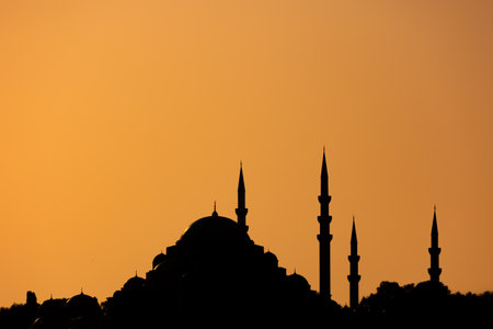 Mosque background photo. Silhouette of Suleymaniye Mosque at sunset. Ramadan or islamic concept photo.の写真素材