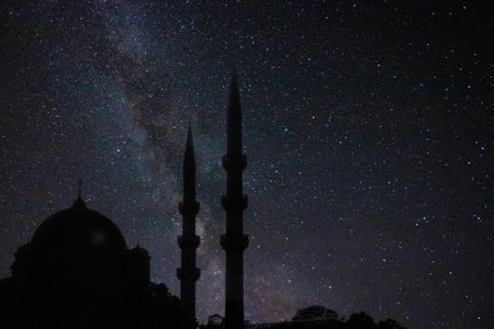 Ramadan or islamic concept image. Silhouette of a mosque and milky way. Ramadan kareem or eid mubarak or kadir gecesi or laylat al-qadr background.の写真素材