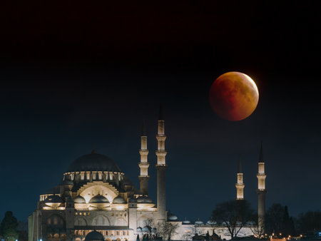 Islamic concept image. Suleymaniye Mosque and lunar eclipse. Ramadan or laylat al-qadr or kadir...