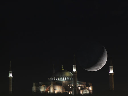 Hagia Sophia or Ayasofya with crescent moon. Ramadan or laylat al-qadr concept image.の写真素材