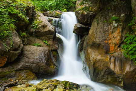 Long exposure shot of the little waterfall in the forest. Motion blur of the little waterfall.