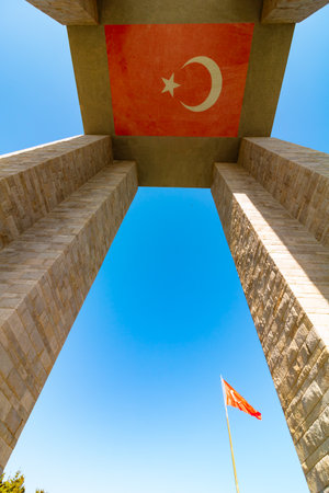 18 Mart or March 18 concept photo. Canakkale Martyrs' Memorial or Canakkale Sehitleri Aniti with Turkish Flags.の写真素材