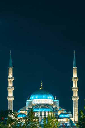 Ramadan or islamic concept vertical photo with copy space for text. Eminonu Yeni Cami or New Mosque at night.の写真素材