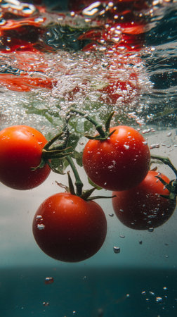 Tomatoes in water. Juicy red tomatoes sinking with air bubbles. Vegan foods vertical image.の素材