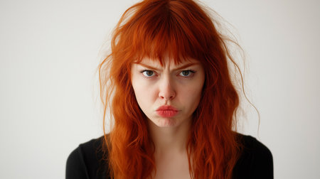 Disgusted redhead. A red-haired woman making an intense displeased face with messy hair.の素材