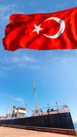 Turkish Flag and Bandirma Ship. 19 mayis or may 19 concept vertical photoの写真素材