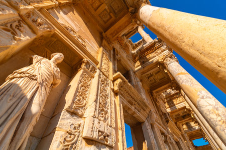 Library of Celsus in Ephesus wide angle view. Visit Turkey concept background photoの写真素材