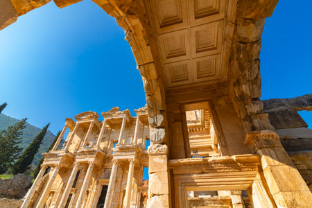Ephesus. Celsus Library view from the gate. Visit Turkey concept photo.