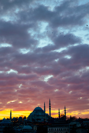 Islamic vertical background photo. Suleymaniye Mosque with dramatic sky at sunset.の写真素材