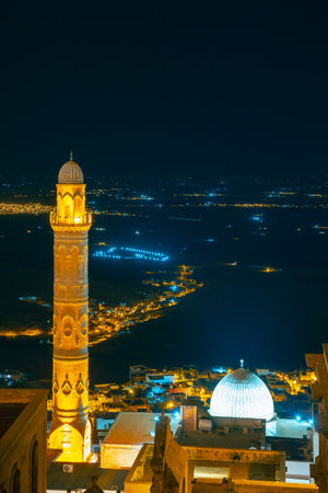 Great Mosque of Mardin or Mardin Ulucamii view at night. Visit Turkey concept photo.の写真素材