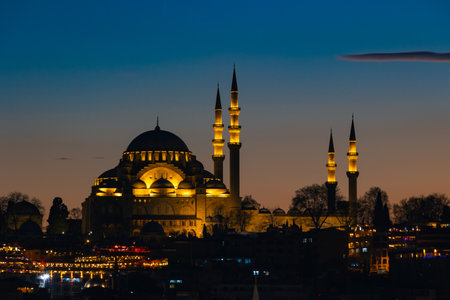 Istanbul background. Suleymaniye Mosque view at sunset. Ramadan or islamic concept photo.の写真素材