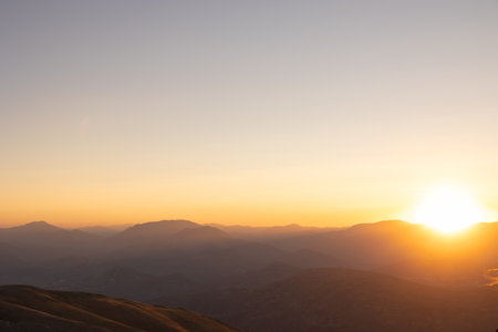 Sunset view of mountain range. Mount Nemrut's landscape at sunset.の写真素材