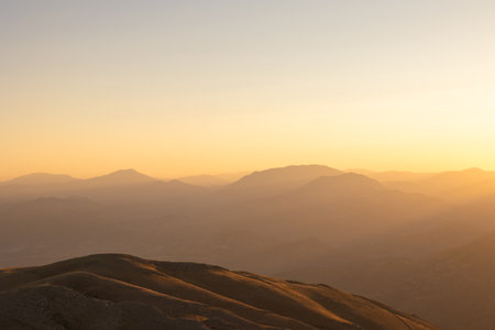 Mount Nemrut's west terrace's landscape at sunset. Landscape of the mountain range.の写真素材