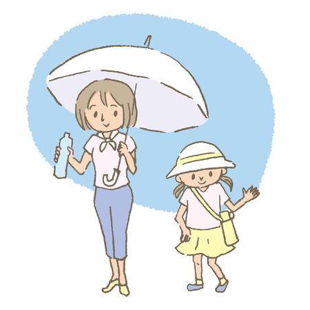 Mom and girl against heat stroke with parasol and water bottle (color)のイラスト素材
