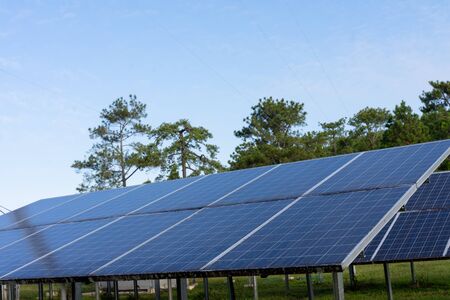 Panel of solar power with sky background, green clean, alternative power energy concept.