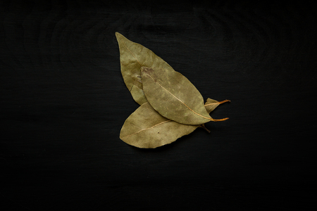 Close-up image of dried bay or bay laurel leaves on black wood background, view aboveの写真素材