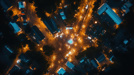 An aerial shot at night showcasing a bustling city square brimming with people enjoying an event.の素材
