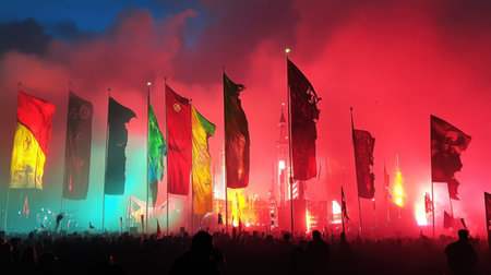 Flags wave at a vibrant music festival at night. The crowd is silhouetted against a fiery stage.の素材