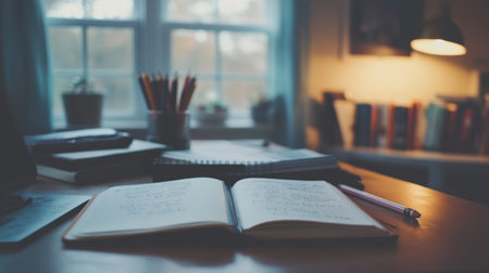 Cozy study space with open notebookの素材