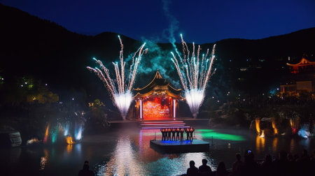 A breathtaking nighttime show featuring vibrant fireworks over a serene lake. The event takes place against a backdrop of mountains.の素材