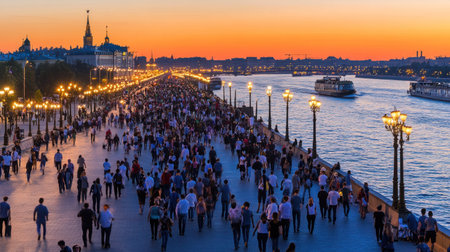 Crowded city promenade at sunsetの素材