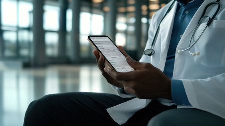 Doctor reviewing medical records on phoneの素材