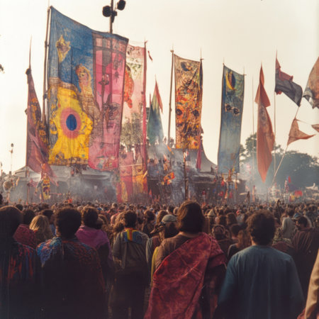 Crowded festival, vibrant bannersの素材