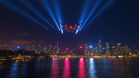 Drone over city at nightの素材