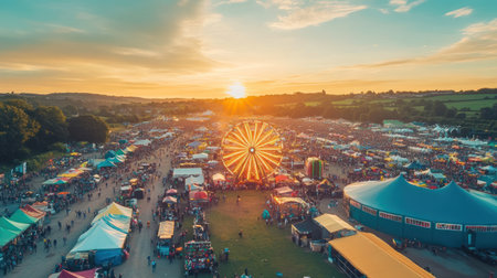 Festival aerial view at sunsetの素材