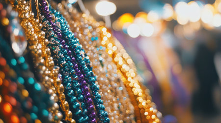Close-up of various colorful Mardi Gras beads hanging in a market.の素材
