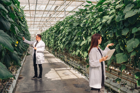 Scientists Engaged in Advanced Work Inside a HighTech Greenhouse Facility for Research. Growing organic vegetables in a modern greenhouse, food industry. Hydroponic farmingの写真素材