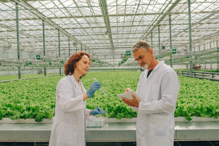 Lettuce plantation. Team of botanists takes tests in test tube of growing lettuce in greenhouse. Scientists in greenhouse with growing lettuce, greenery, vegetable farm of future productsの写真素材