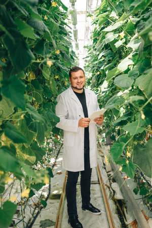 Researcher inspecting plants, Laboratory professional overseeing crop quality inspection procedures,...