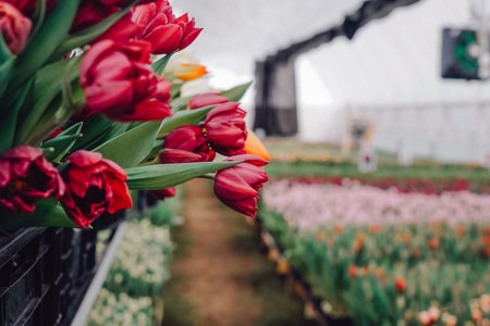Crate of red tulips at packing line, saturated petals spilling from plastic box, blurred machinery and rows in background, staging for distribution and premium bouquet selectionの写真素材