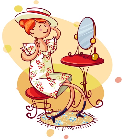 Beautiful happy smiling young shopper woman looking in mirror sitting in clothes store.のイラスト素材