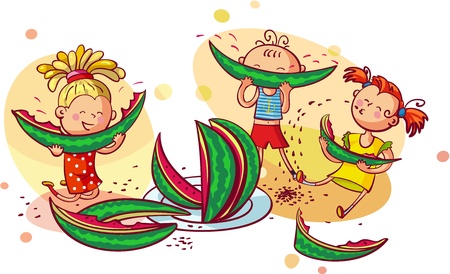 Happy smiling children eating watermelonのイラスト素材