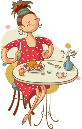 young woman eating lunch in cafeのイラスト素材