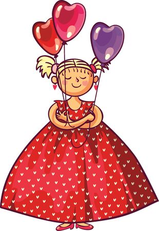 Valentines day, wedding gift greeting card. Love woman smiling holding red heart shaped balloons.のイラスト素材