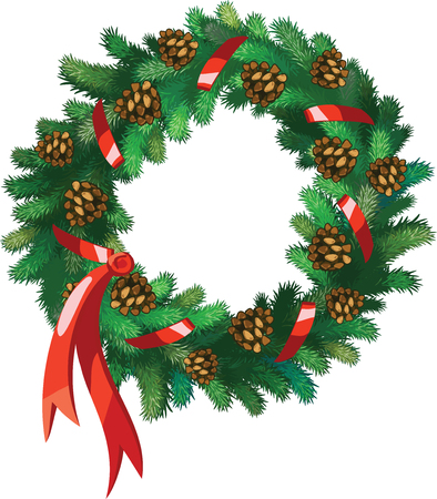Vector Xmas wreath with  pine-cones and red ribbon isolated on whiteのイラスト素材