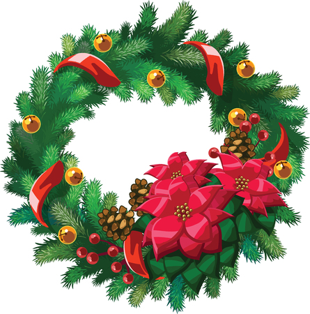 Vector Xmas wreath with flowers, bells, pine-cones and red ribbonのイラスト素材