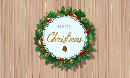 Merry Christmas greetings vector illustration. Xmas wreath with greeting message on background from christmas tree branches. Christmas wreath on wooden backgroundのイラスト素材