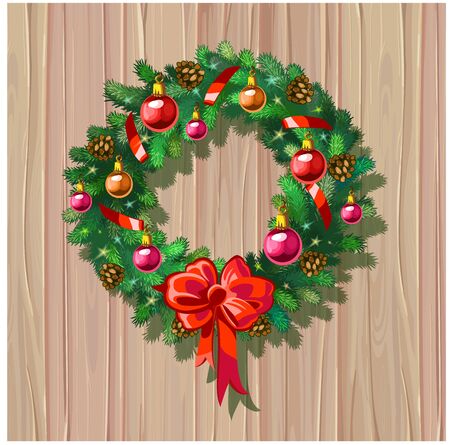 Vector Christmas wreath with decorations on wooden backgroundのイラスト素材