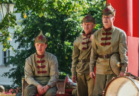 Musicians of an orchestra of Red Army  Episodes of a film about the painter Mark Chagall - Vitebsk, Belarus, september 2012  Director Alexander Mitta - Russia のeditorial素材