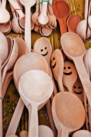 Wooden spoons on sale.の写真素材