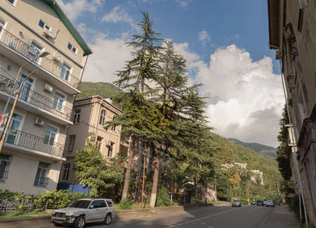 View from central street of Gagra Town, July of 2018, Abkhasia.のeditorial素材
