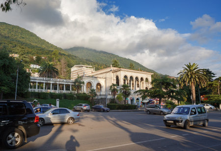 Abandoned railway station. View from central street of Gagra Town, July of 2018, Abkhasia.のeditorial素材