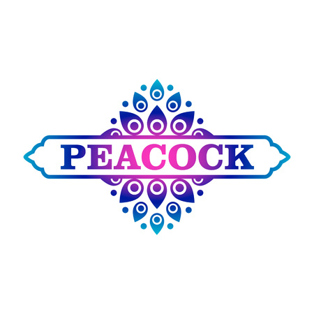 Colorful vector logo template concept illustration. Ornamental abstract symbol. Peafowl sign. Circle shape. Elegant border with peacocks feathers.のイラスト素材