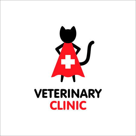 Veterinary clinic logo. Black cat hero. Black and red colors. Emergency help for pets. Vector illustration.のイラスト素材