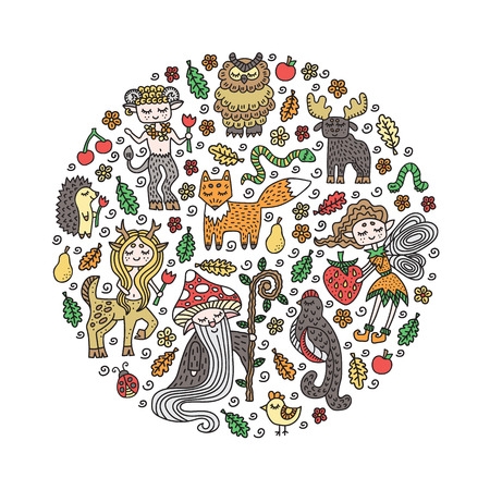 Set of cute forest creatures. Wild animals and fairy tale creatures. Hand-drawn doodles. Decoration elements for kid's room. Vector illustration.のイラスト素材